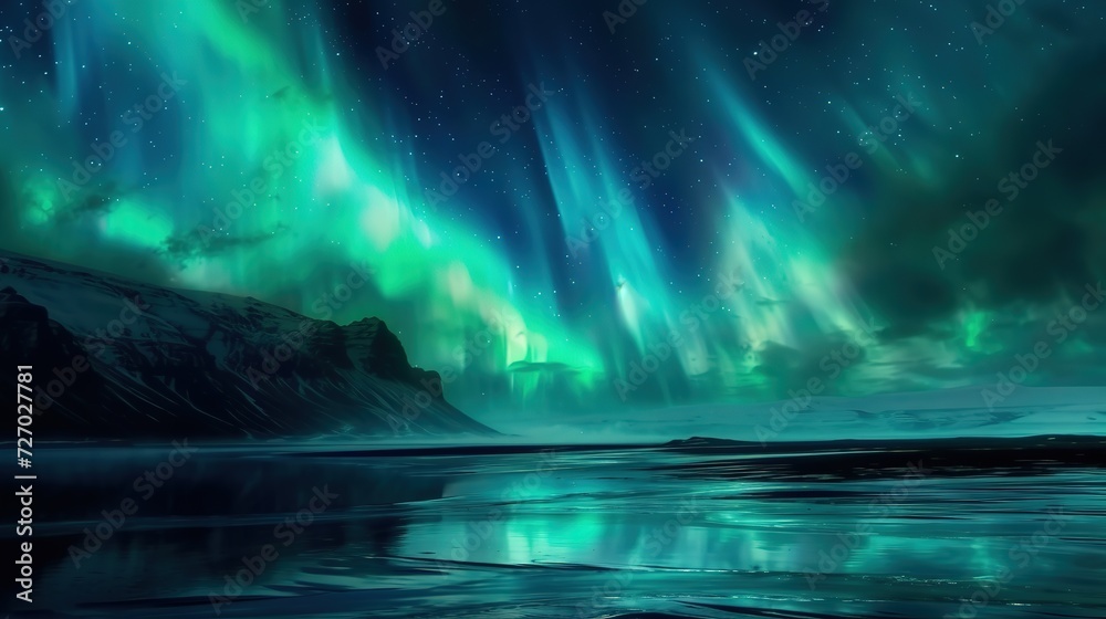Majestic northern lights dance over a serene icy landscape, in a breathtaking digital artwork of natural phenomena.