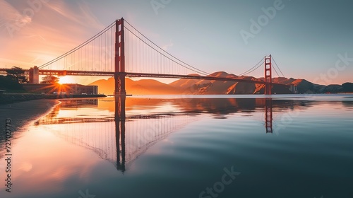 Bridge captured at sunrise  its iconic red structure reflected in the calm waters below  with the sun peeking through its towers.