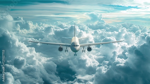 Commercial jet aircraft in flight surrounded by majestic cumulus clouds, with a sense of freedom and travel high in the sky.