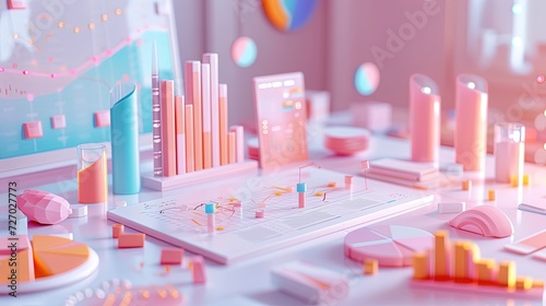 Vibrant 3D illustration of a data analysis workspace with graphs, charts, and infographics in a stylized setting. photo