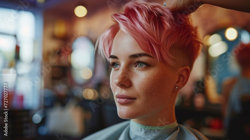 A woman with a pixie cut and freckles is at the beauty parlor, choosing a new hair color