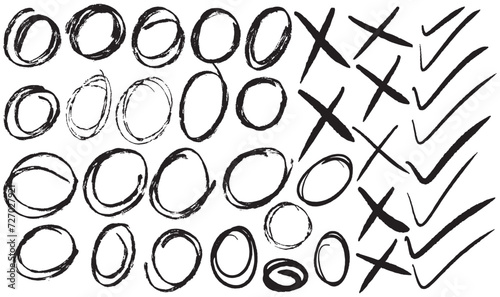 Set of Hand drawn note elements tick or no. Doodle sketch circles bold shapes. Chalk crayon or marker doodle highlight stripes frames scratch. Paint brush stroke ink rough splash blob. Scribble lines 