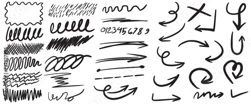 Charcoal scribble lines stripe, scribble arrows icons, hand drawn numbers, scribble rectangle. Chalk or marker doodle bold shapes rouge scratch waves in marker sketch style. Doodle arrow sketch signs photo