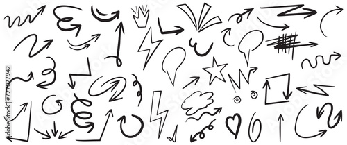 Chalk marker pen liner scribble stripes  graphic box  arrows  star  circle  crown  speech bubble  cloud  highlight  explosion.Pencil sketches of decorative icons. School children s doodle elements set