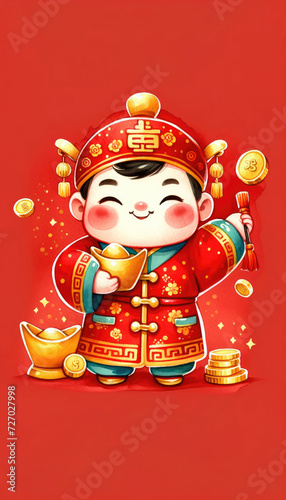 A blissful child dressed in a festive Chinese outfit grins while holding a gold ingot, with stacks of coins nearby, symbolizing prosperity and joy in the New Year.