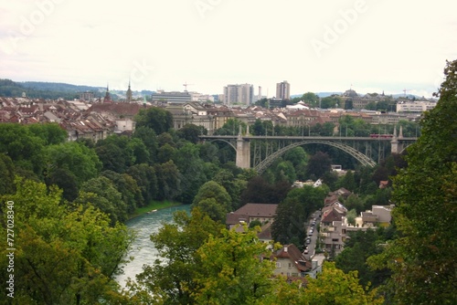 Panoramic view of river Aare and rooftops houses at old historical center town in Bern, Switzerland.