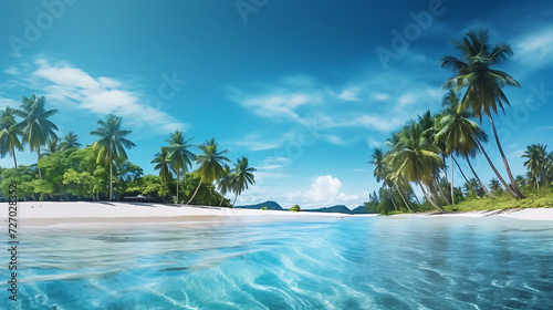 coco palms wide panorama with white sand background  beautiful tropical beach banner concept