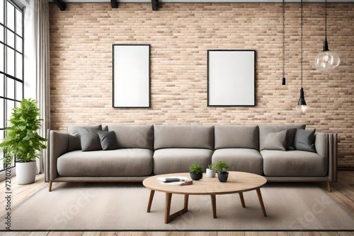 Mock up modern living room with large comfortable sofa and brick wall background © MISHAL