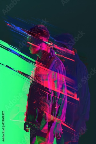 Silhouette of a man blurred by a glitch. Modern cyberpunk design style