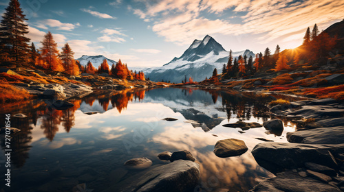 A mesmerizing view of a mountain lake surrounded by autumn foliage. Generative AI © Gennie Fx