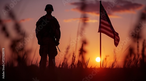Military Honor at Sunset, Soldier Silhouette with American Flag, Symbolizing Patriotism and Respect for Service Members