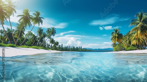 coco palms wide panorama with white sand background, beautiful tropical beach banner concept