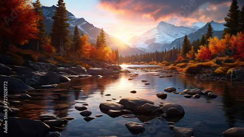 A mesmerizing view of a mountain lake surrounded by autumn foliage. Generative AI © Gennie Fx