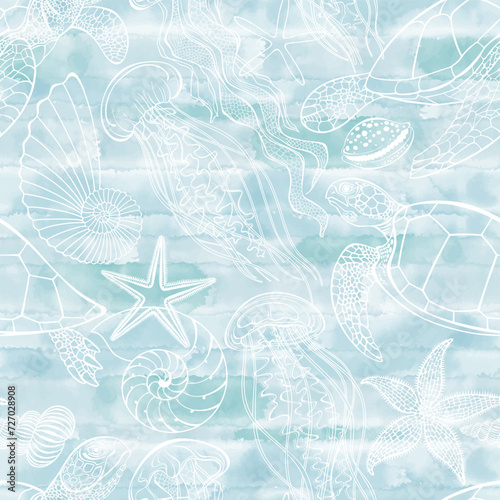 Sea creatures. Art seamless pattern on the marine theme with turtles, jellyfish, starfish, seashells on blue watercolor background. Vector. Perfect for design templates, wallpaper, wrapping, fabric © maritime_m