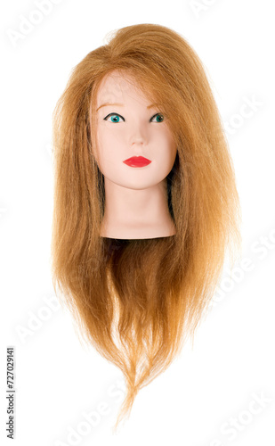 Training mannequin head with natural hair, red. Isolated on white background