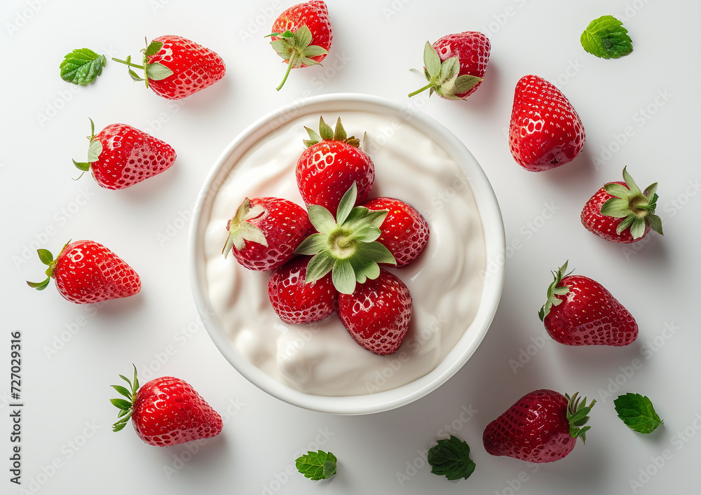 Strawberry Yogurt Bowl with Fresh Berries, Strawberry Yogurt Bowl with Fresh Berries, Fresh strawberries on a bowl of creamy yogurt, surrounded by mint leaves on a white backdrop