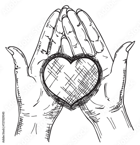 Heart in the palms of a man. Concept of love, charity, philanthropy and donation. Vector hand drawn sketch.