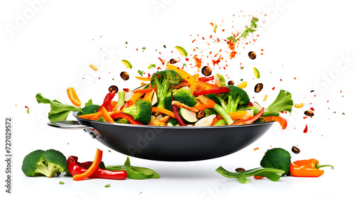 Vegetables are flying out of the pan on white background. Healthy food concept.