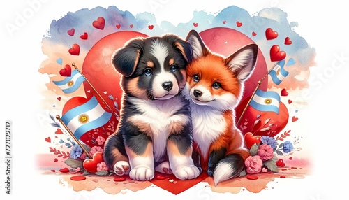 A captivating watercolor concept illustration for Valentine's Day, featuring a cute couple of puppies with an Argentine theme 02 photo