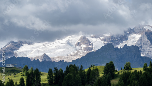 Amazing landscape to the Marmolada and its glaciers during summer time. It is the highest mountain of the Dolomites. Italian alps