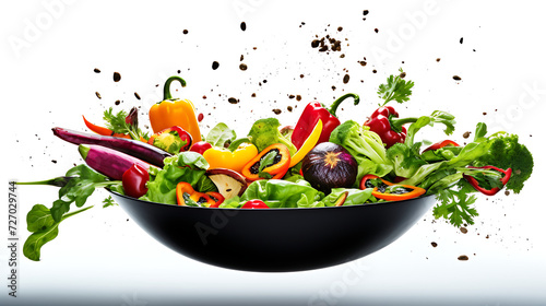 Vegetables are flying out of the pan on white background. Healthy food concept.