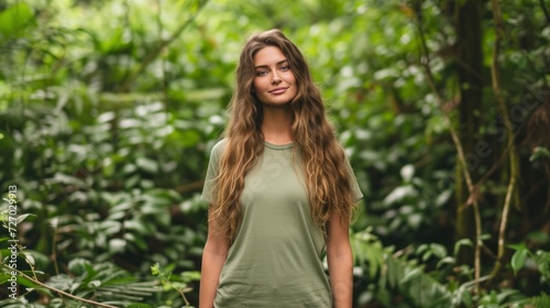 A woman with long, wavy hair is standing in a lush forest, wearing a blank green T-shirt that complements the natural surroundings. Her peaceful expression emphasizes the T-shirt’s comfort mock-up 