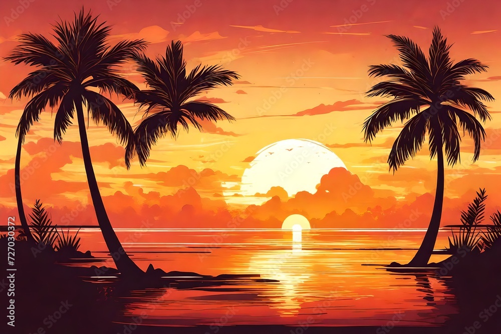 Vector illustration of two palms on tropical sunset