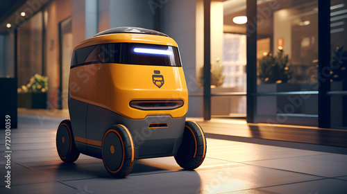 Autonomous delivery robot on city streets. Future concept, technology, unmanned courier robot.