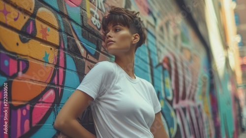 A young woman with a pixie cut, wearing a blank white T-shirt, is leaning against a graffiti-covered wall in a bustling city. mock up