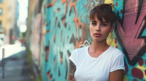 A young woman with a pixie cut, wearing a blank white T-shirt, is leaning against a graffiti-covered wall in a bustling city. mockup