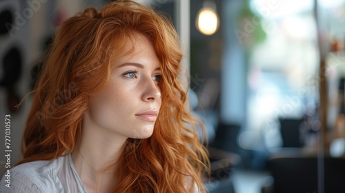 A young woman with long, curly red hair is sitting in the beauty parlor, waiting for her turn to get a haircut