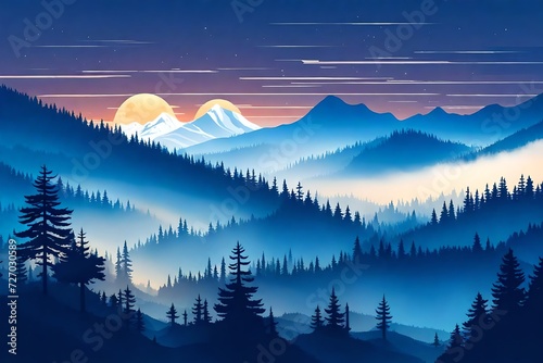 Vector illustration of beautiful dark blue mountain landscape with fog and forest. sunrise and sunset in mountains