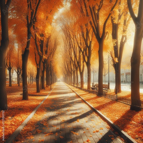 autumn city park in sunny fall day. the trees are lindens with falling orange leaves and a deserted sidewalk or path. good weather photo