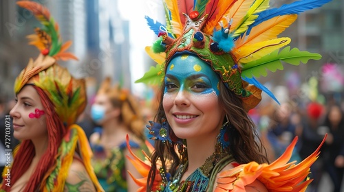 Earth day. Magazine cover style, vibrant Earth Day parade, colorful costumes and eco-friendly floats, urban backdrop