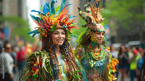 Earth day. Magazine cover style, vibrant Earth Day parade, colorful costumes and eco-friendly floats, urban backdrop