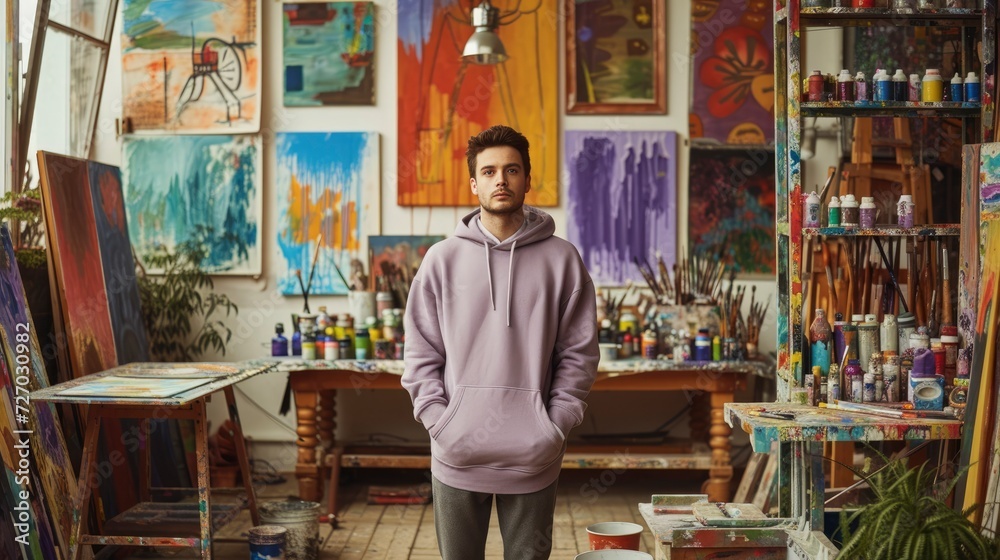 In an artist's studio filled with vibrant paints, a creative guy wears a muted lavender-gray hoodie, the soft color echoing the artistic energy, mockup