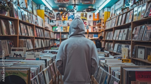 Inside a vintage record store, a music enthusiast wears a heather gray hoodie, the soft fabric echoing the nostalgia of vinyl records and classic tunes, mockup © khoobi's ART