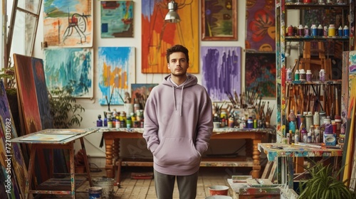 In an artist's studio filled with vibrant paints, a creative guy wears a muted lavender-gray hoodie, the soft color echoing the artistic energy, mockup