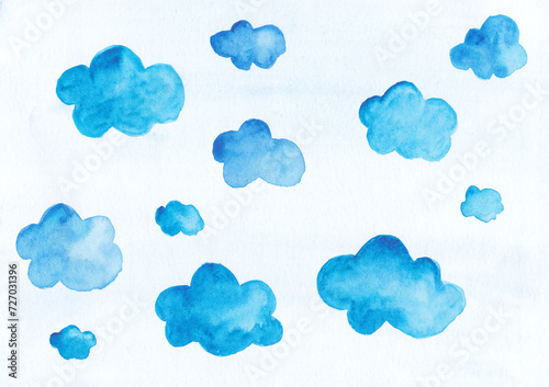 Watercolour background with blue clouds. Cute illustration of the sky. For decor, print, design, websites, postcards, textiles. Paper texture. Smudge technique.