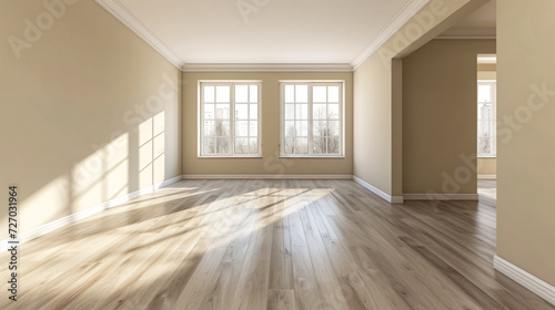 A serene and refined empty room adorned with beige walls and sleek laminated flooring  beckoning creativity and tranquility.