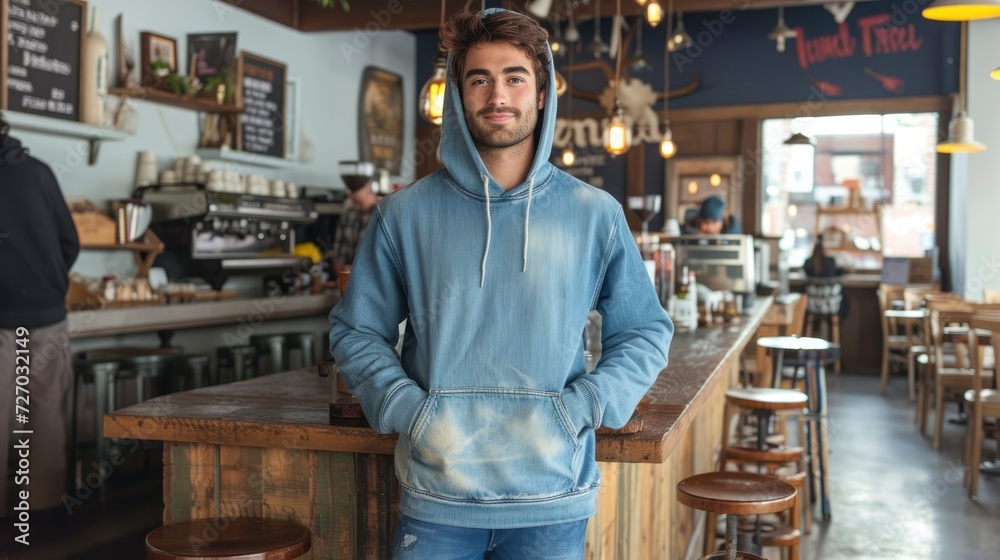 In a bohemian coffeehouse, a laid-back male model wears a faded denim blue hoodie, the relaxed fit and vintage color capturing the eclectic spirit of the venue, mockup
