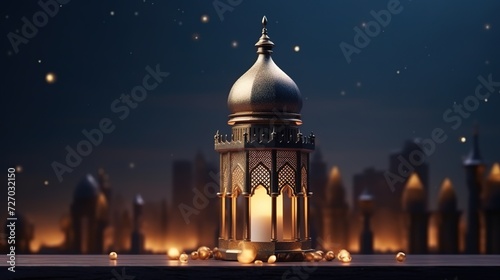 Islamic decoration background for Ramadan with lantern and mosque 3D rendering. 3D Illustration, generative ai, 