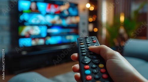The hand manipulates the television remote control to switch channels, Generative AI.