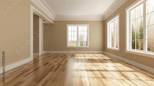 A serene and refined empty room adorned with beige walls and sleek laminated flooring, beckoning creativity and tranquility.