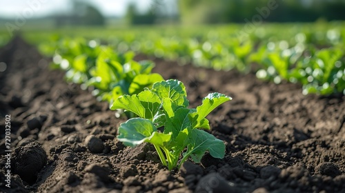 Tiny sugar beet plants in a field under cultivation, growing in a row with a empty space, Generative AI. photo