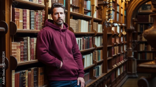 In a bookstore filled with antique books, a charismatic man leans against a shelf in a deep burgundy hoodie, the rich color complementing the vintage surroundings, mockup