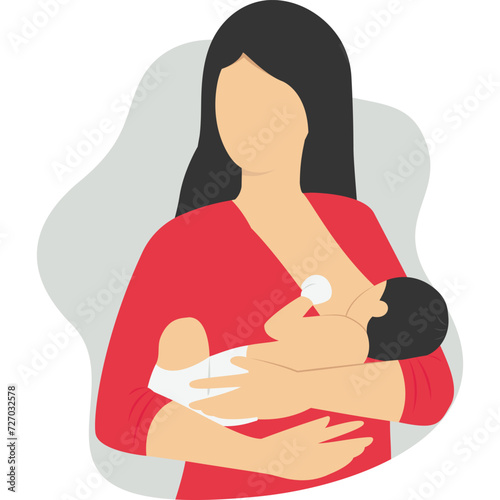 Mother feeding her newborn baby. Breastfeeding positions set, with pillow, in chair, lotus pose. Woman feeds infant with breast. Breastfeeding week banner, happy mother's day clip art.

