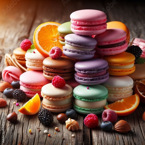 Colorful macaroons variety closeup on wood. concept resentation photo