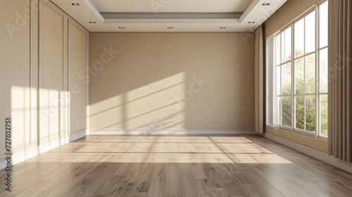 Brighten up any space with this minimalist empty room featuring beige walls and sleek laminated flooring, creating a contemporary and inviting atmosphere.