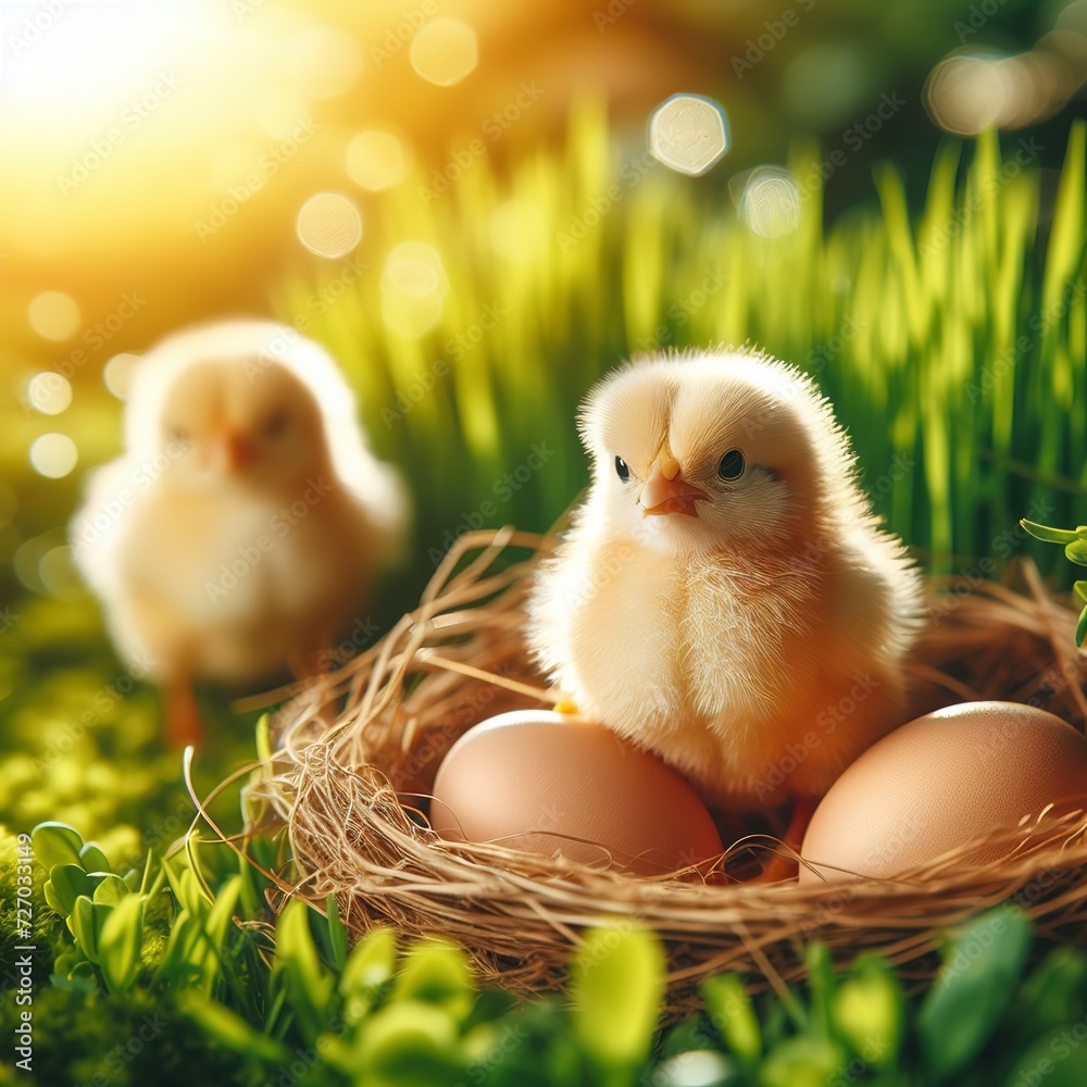cute little tiny newborn yellow baby chick and three chicken farmer eggs in the green grass on nature outdoor. banner. flare